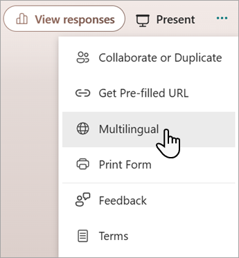 Captura de pantalla que muestra la característica multilingüe para agregar idiomas a un formulario o cuestionario de Microsoft.