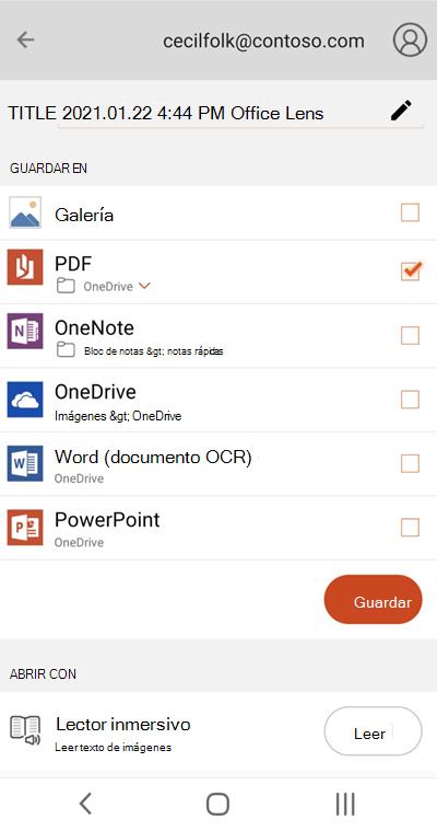 Captura de pantalla de Microsoft Lens en un teléfono Android