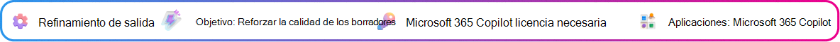 Tarjeta de contexto de refinamiento de resultados enfocada en la mejora de un proyecto de propuesta generado por Copilot. Objetivo: refinar el borrador de la propuesta. Microsoft 365 Copilot licencia necesaria. Aplicación: Microsoft 365 Copilot.