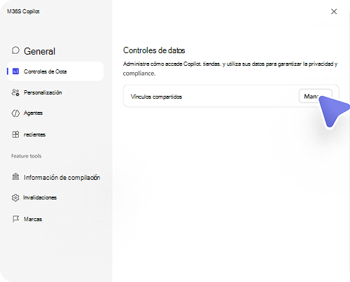 Configuración de controles de datos de Copilot que muestra la opción Vínculos compartidos con el botón Administrar resaltado.