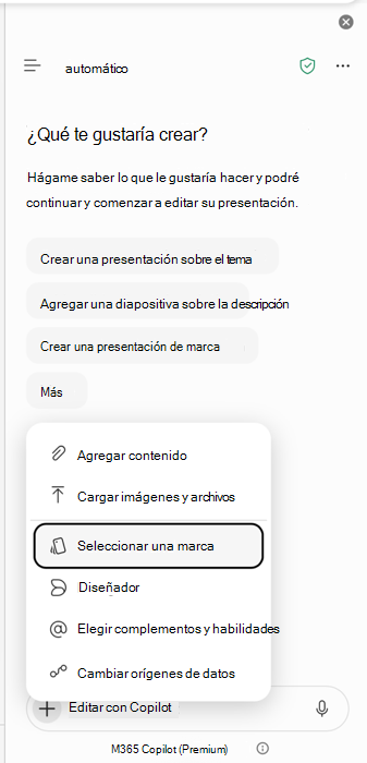Captura de pantalla que muestra el punto de entrada Seleccionar marca en Copilot para PowerPoint.