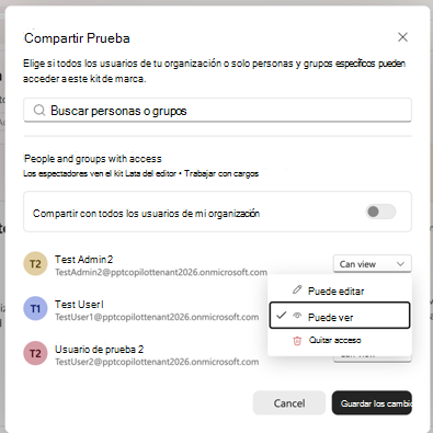 Captura de pantalla que muestra la configuración de uso compartido de un kit de marca, incluidas personas, grupos y permisos de visor o editor.