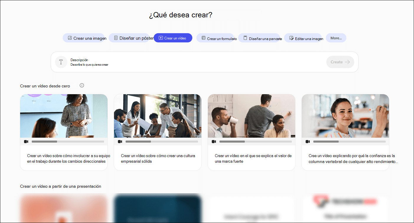 El módulo Crear en la aplicación Microsoft Copilot que muestra el flujo Crear un vídeo.