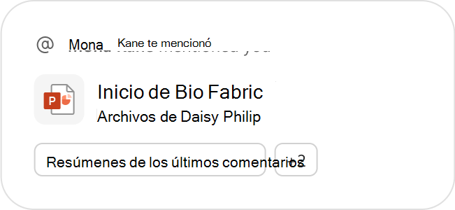 Un archivo de PowerPoint destacado como archivo recomendado junto con sugerencias de Copilot solicita una acción adicional.