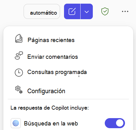 Captura de pantalla del botón de alternancia búsqueda web en Copilot Chat