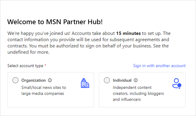Solicitud de tipo de cuenta del Centro de partners de MSN para seleccionar el tipo de cuenta individual o de la organización