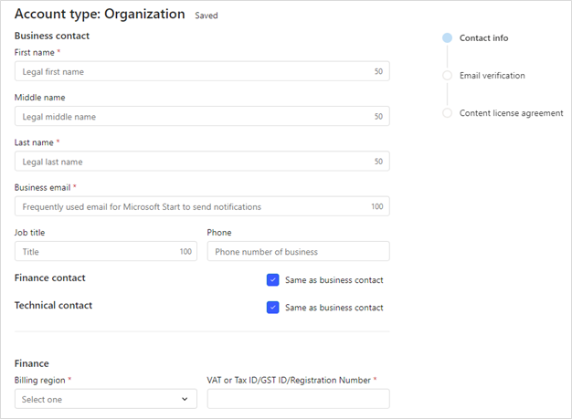 Campos de configuración de la cuenta de la organización de MSN Partner Hub