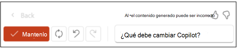 Esta barra le permite mantener el resultado, volver al estado anterior o regenerar otra variación de texto.