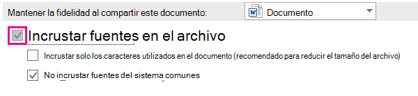 Usar Opciones de archivo > para activar la incrustación de fuente para el archivo