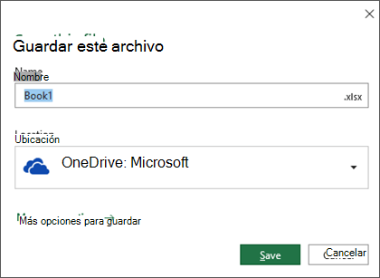 El cuadro de diálogo Guardar archivo en Microsoft Excel para Office 365