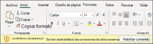 Se han deshabilitado las conexiones de datos externos: active Habilitar contenido para habilitar.