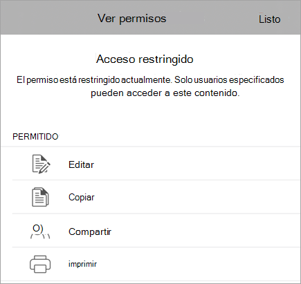 Captura de pantalla de un cuadro de diálogo que muestra los derechos de IRM de los usuarios.