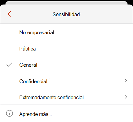 Captura de pantalla del menú de confidencialidad que muestra las etiquetas de confidencialidad disponibles.