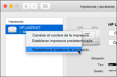 Control Haga clic en la lista de impresoras para acceder a Restablecer sistema de impresión en OSX
