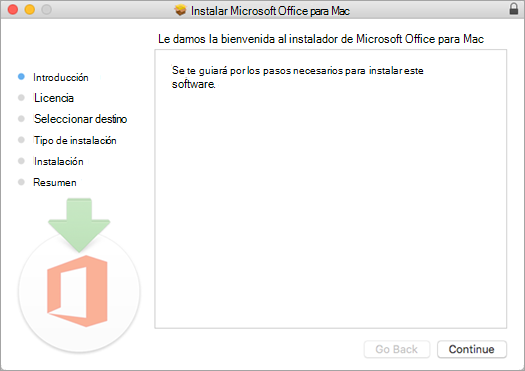 Primera pantalla de instalación de Mac 2016 con Continuar resaltado