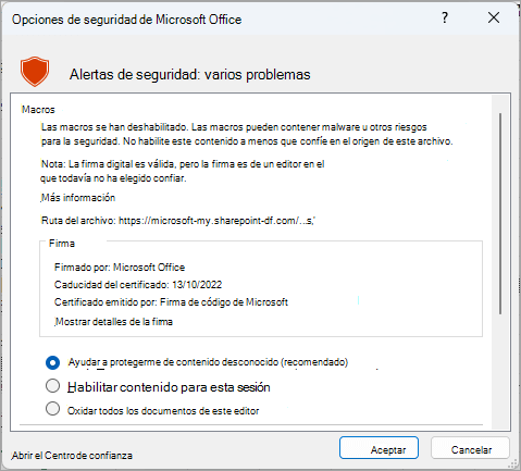 Cuadro de diálogo de alerta de seguridad de Microsoft Excel