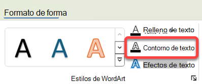 Para cambiar el borde de WordArt, selecciónelo y, en la pestaña Formato de forma, seleccione Contorno de texto.