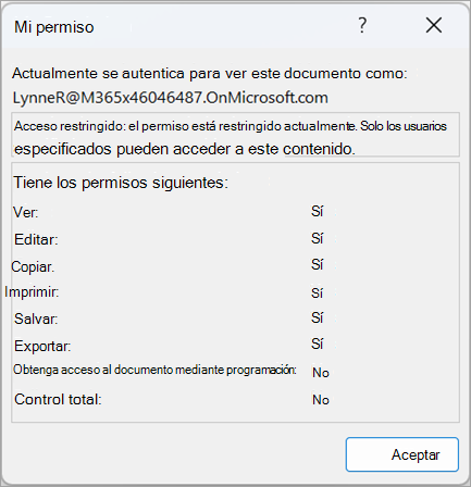 Captura de pantalla de un cuadro de diálogo que muestra los permisos de usuario