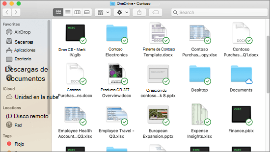 Captura de pantalla de integración del buscador en Mac con superposiciones de sincronización de archivos sincronizados