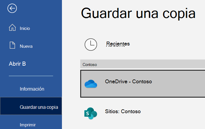 Captura de pantalla de la opción Guardar una copia de Word