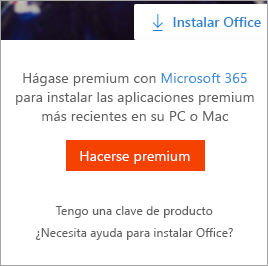 Mensaje para pasarse a la versión premium después de seleccionar el botón Instalar Office