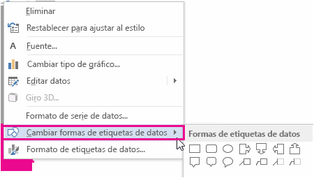 Comando de menú Cambiar forma de etiqueta de datos y galería de formas