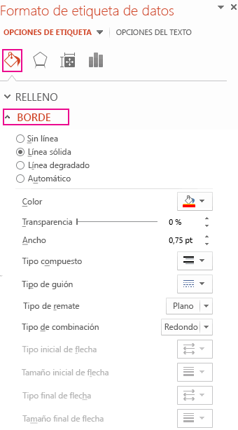 Pestaña Relleno y línea del panel de tareas Formato de etiquetas de datos