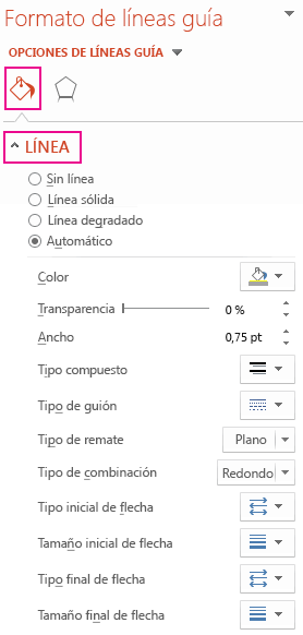 Icono de Línea en el panel Formato de opciones de líneas guía
