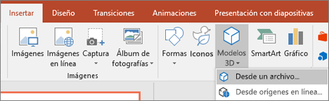 Use Insertar > modelos 3D para agregar objetos 3D a la presentación