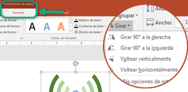 Los comandos de Giro están disponibles en la pestaña Formato de las Herramientas de dibujo de la cinta de opciones de la barra de herramientas. Seleccione el objeto que desea girar y, después, haga clic en la cinta de opciones.