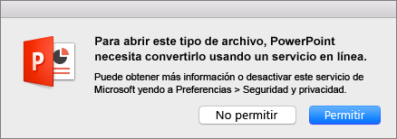 Muestra la advertencia sobre confidencialidad de ODF en PowerPoint 2016 para Mac