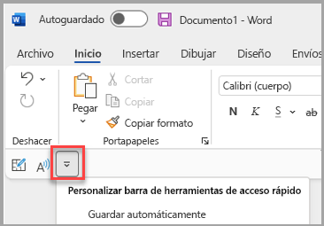 Ubicación de la barra de herramientas de acceso rápido debajo de la cinta de opciones