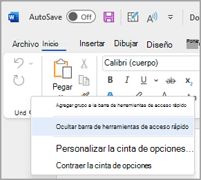 Imagen de opción para ocultar la barra de herramientas de acceso rápido