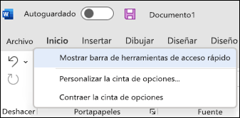 Imagen de opción para mostrar la barra de herramientas de acceso rápido