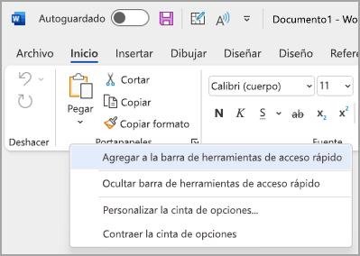 Imagen de la lista desplegable para personalizar la barra de herramientas de acceso rápido para agregar comandos