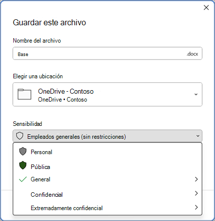 Captura de pantalla del cuadro de diálogo Guardar con la barra de confidencialidad expandida para mostrar las opciones de etiqueta de sensibilidad.