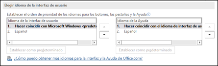 El cuadro de diálogo que le permite seleccionar el idioma que Office usará para sus botones, menús y ayuda.
