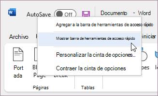 Mostrar la barra de herramientas de acceso rápido