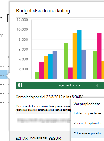Vista previa de un documento de Office en una biblioteca de SharePoint