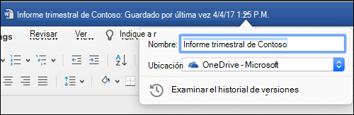 El cuadro de diálogo Operaciones de archivo que se inicia al hacer clic en la barra de título de un documento de Word.
