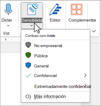 Captura de pantalla del botón Confidencialidad y del menú.