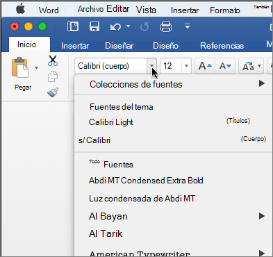 Haga clic en la lista desplegable de fuentes de Word para cambiar el tipo de letra del texto.