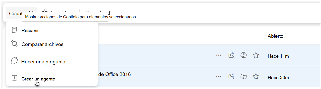 Captura de pantalla que muestra cómo acceder a un agente y crearlo en OneDrive.
