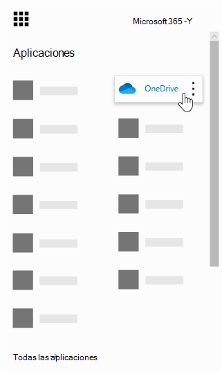 Iniciador de aplicaciones de Office 365 con la aplicación de OneDrive resaltada