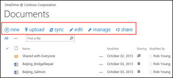 Use la Barra de comandos rápidos en Office 365 para iniciar actividades en OneDrive para la Empresa o en la biblioteca de documentos del sitio de grupo de SharePoint Online.