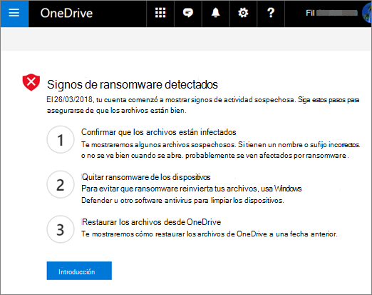 Captura de pantalla de la pantalla Signos de ransomware detectado en el sitio web de OneDrive