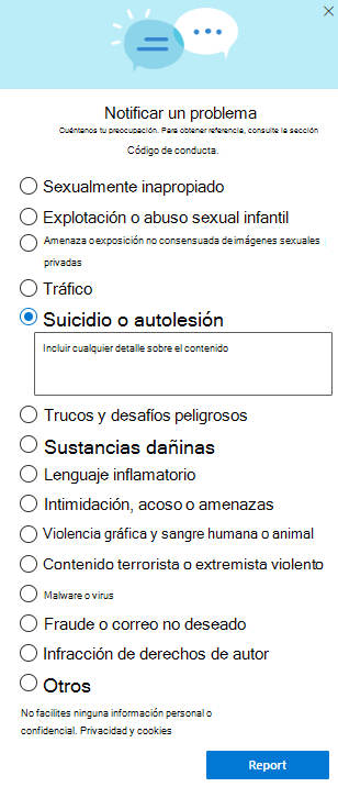 Captura de pantalla del cuadro de diálogo Informar de abuso en OneDrive