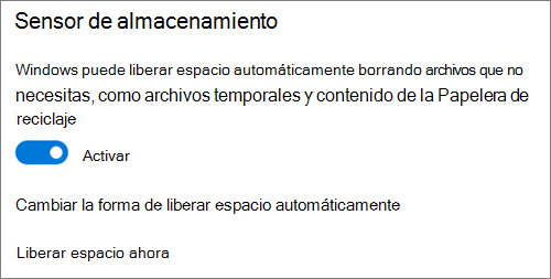 En Windows 10 alterne para activar el Sensor de almacenamiento