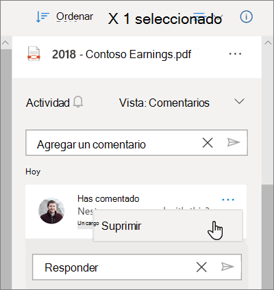 Panel Detalles de OneDrive, que muestra los comentarios en un archivo compartido y la opción Eliminar seleccionada para un comentario