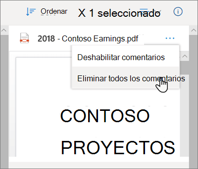 Panel Detalles de OneDrive, con la opción Eliminar todos los comentarios seleccionada en el menú desplegable